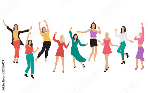 Group of young joyful happy women dancing with their hands up, isolated on a white background. Happy girls in colorful outfits in different poses. Vector illustration in flat cartoon style