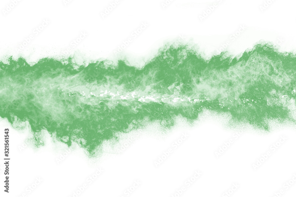 Green powder explosion on white background. Colored cloud. Colorful dust explode. Paint Holi. Green powder explosion on white background. Colored cloud. Colorful dust explode. Paint Holi.