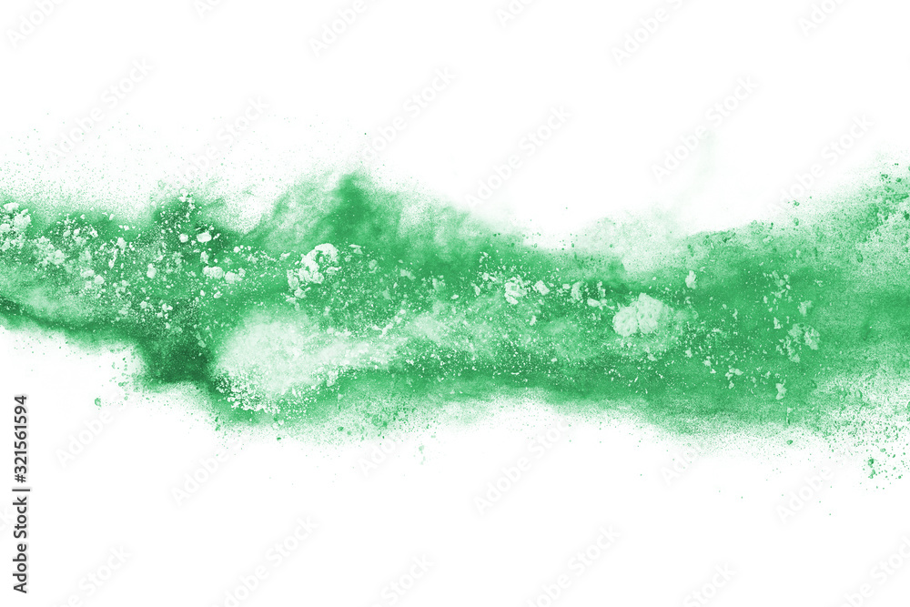 Obraz premium Green powder explosion on white background. Colored cloud. Colorful dust explode. Paint Holi.