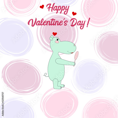 Valentine's day greeting, invitation card with cute funny hippopotamus in love with heart shaped. Happy Valentine's day. Vector illustration.