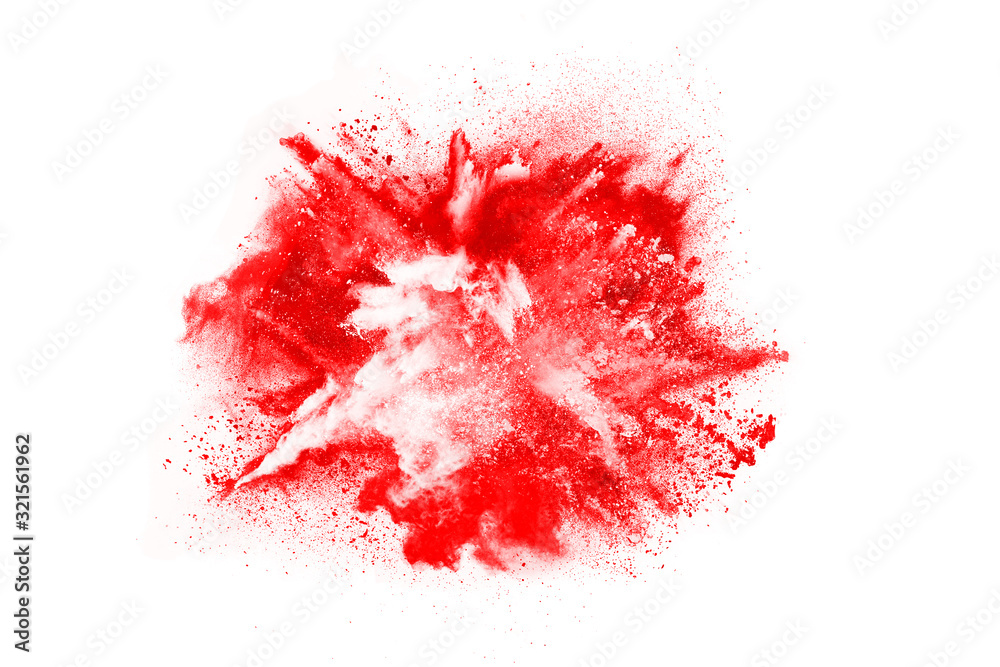 Freeze motion of red powder exploding, isolated on white background. Abstract design of red dust cloud. Particles explosion screen saver, wallpaper