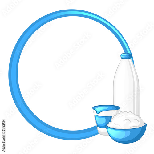 Round blue frame on white background decorated with milk and dairy products. Vector illustration.