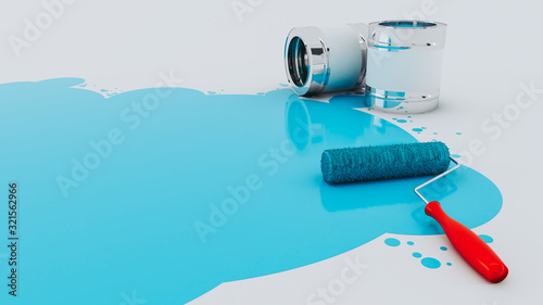 3D render. The paint roller lies near a bucket of paint. Paint splashes and drips. Advertising space. Blue paint