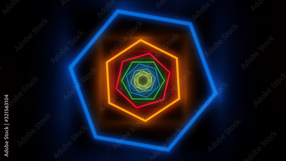 Fly in Moving Hexagon Rainbow Glowing Neon Lights Tunnel Corridor - Abstract Background Texture Fly in Moving Hexagon Rainbow Glowing Neon Lights Tunnel Corridor - Abstract Background Texture