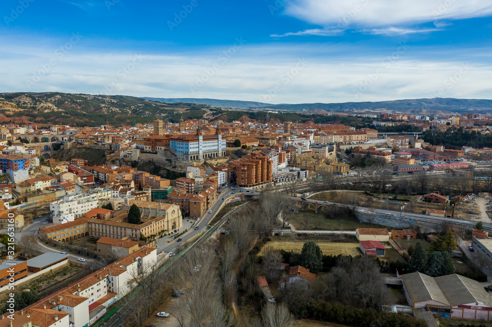 Aerial view of Teruel with the medieval walled uptown Torre San Martin