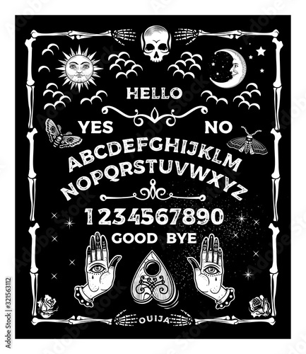 Ouija Board with the skull. Occultism Set. Vector Illustration.