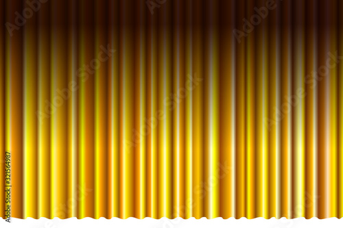 Closed luxury gold curtain with many shadow stage background spotlight beam illuminated. Theatrical velvet fabric drapes stage opening ceremony performance. Vector gradient illustration
