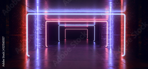 Neon Sci Fi Retro Modern Glowing Pantone Purple Red Club Neon Dance Tunnel Corridor Brick Garage Underground Night Reflective Concrete Empty 3D Rendering