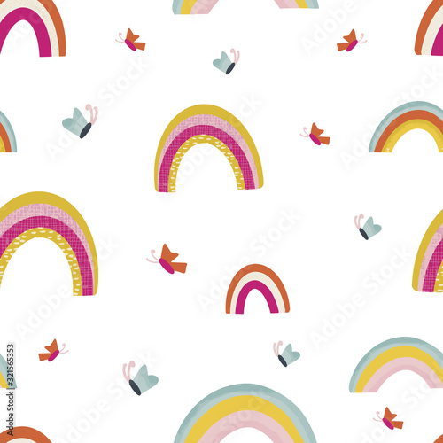 Vector seamless pattern background with rainbows. White background