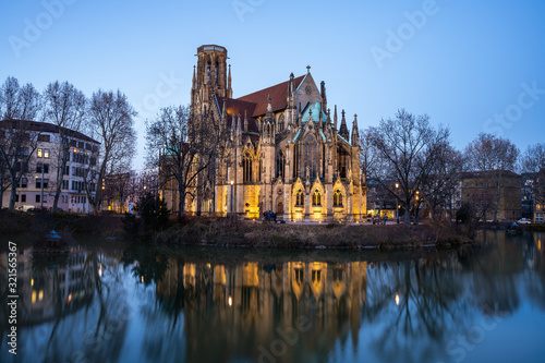 Johanneskirche, Stuttgart Feuersee, Blue hour, Reflections  photo