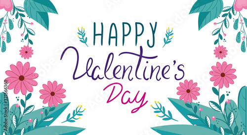 happy valentines day card with flowers and leafs vector illustration design © Gstudio