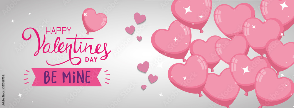 happy valentines day with balloons helium in shape heart vector illustration design