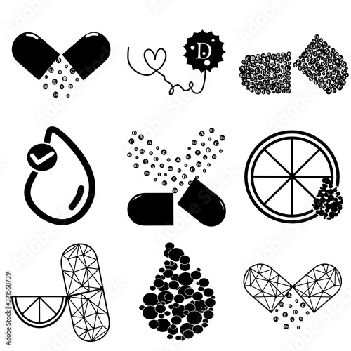 Essential vitamin and mineral complex. Vector creative design  vitamin pills capsules. Multi Vitamin complex icons. Multivitamin supplement, Vitamin logo. Diet Infographic poster. Science