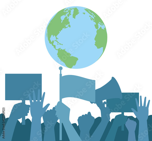 hands human up protesting with world planet and megaphone