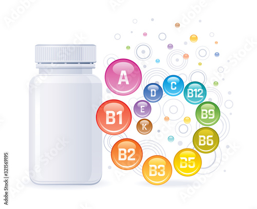 Multi vitamin complex supplement. 3d mockup with empty bottle vitamins a, b1, b2, b3, b5, b6, b9, b12, c, d, e, k. Trendy health realistic multivitamin complex poster. Isolated on white background.