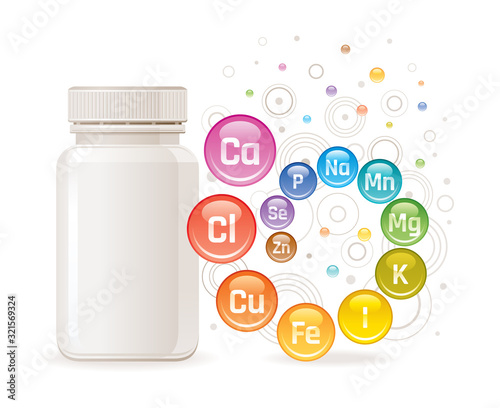 Multi mineral vitamin complex supplement. 3d mockup with empty bottle minerals. Calcium iron zinc selenium iodine magnesium. Trendy health multivitamin complex poster. Icon isolated white background