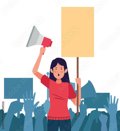 activist woman with hands human up protesting scene