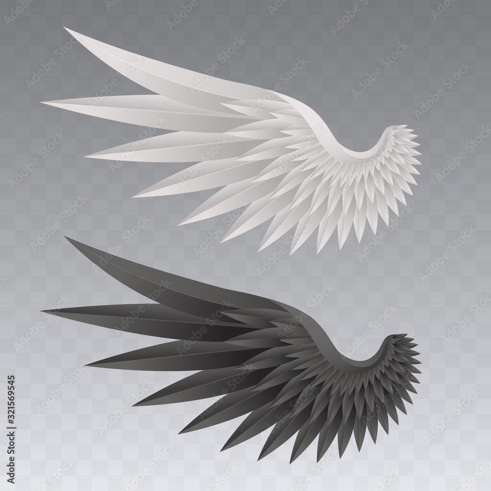 Realistic bird wings with sharp feathers isolated on transparent background.  Angel wing in white and black colors. Elements for your design. Vector  illustration. Stock Vector | Adobe Stock