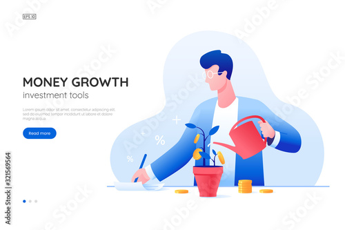Money growth vector illustration. Man in a suit watering a plant with golden coins. Financial investment concept. Accounting manager. Web banner design for investment service. Flat style.