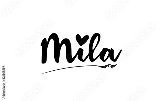 Mila name text word with love heart hand written for logo typography design template photo