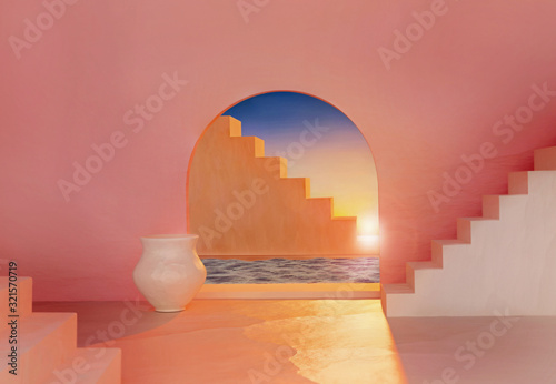 3D summer scene, arch with white stairs and swimming pool. Pink pastel walls over sunset sky with sun light. Trendy abstract, minimal architecture concept. Holiday vibes, realistic warm 3D render.