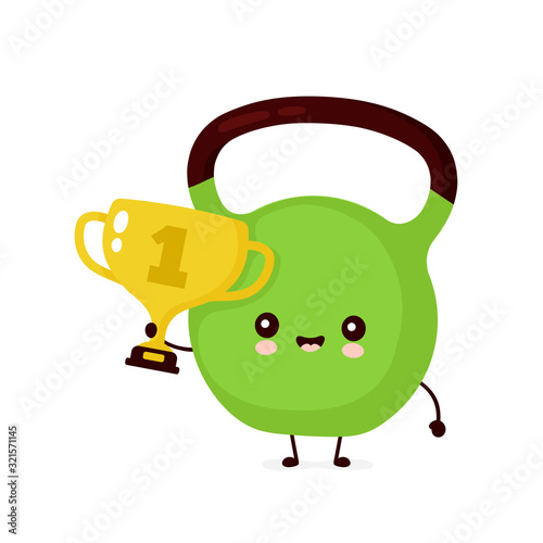 Cute smiling fitness kettlebell with gold trophy