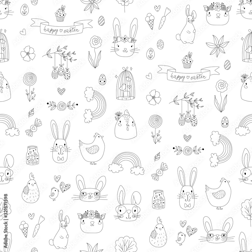 vector doodle easter seamless pattern with bunny, chicken, eggs, rainbow, flowers, bird, cage. spring easter repeating tile for fabric, textile, gift wrapping paper, wallpaper, kids apparel design etc