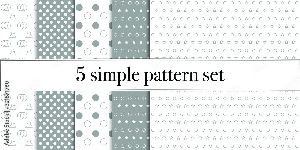 Set of 5 simple ornament vector patterns. Use for ceramic tiles, wallpaper, linoleum, textiles, wrapping paper, web page, kids, postcard. Background or wallpaper with dots