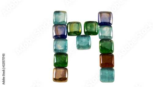 Isolated Font English or Latin Letter M made of glass decorative squares on white background