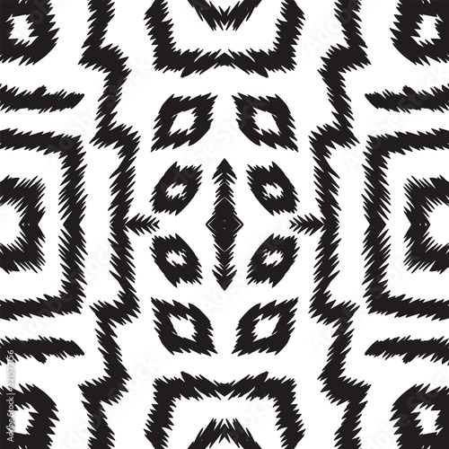 Black and White Abstract Carpet Vector Seamless Pattern. Psychedelic Ikat Japan Wallpaper. Uzbek Watercolor Print. Black and White Chevron Indonesian Vector Seamless Pattern