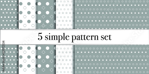 Set of 5 simple ornament vector patterns. Use for ceramic tiles, wallpaper, linoleum, textiles, wrapping paper, web page, kids, postcard. Background or wallpaper with dots