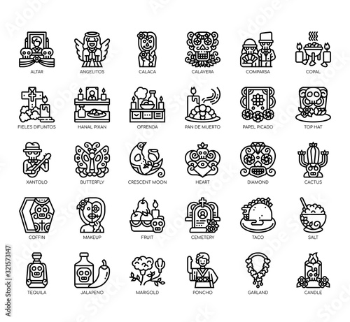 Set of day of the dead thin line and pixel perfect icons for any web and app project.