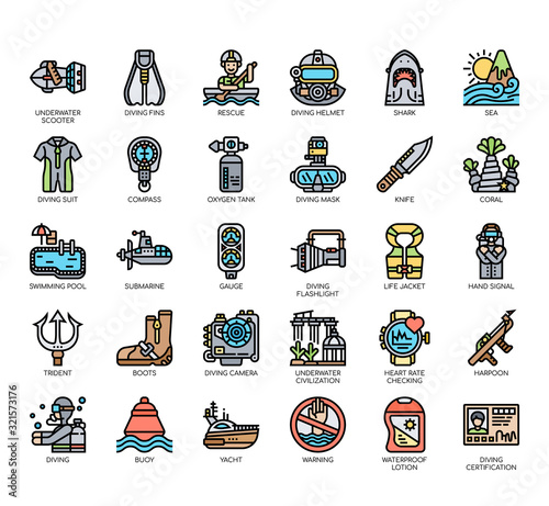 Set of diving thin line and pixel perfect icons for any web and app project.