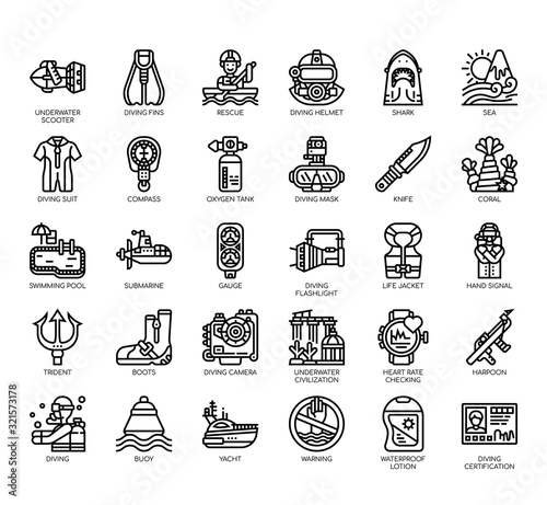 Set of diving thin line and pixel perfect icons for any web and app project.
