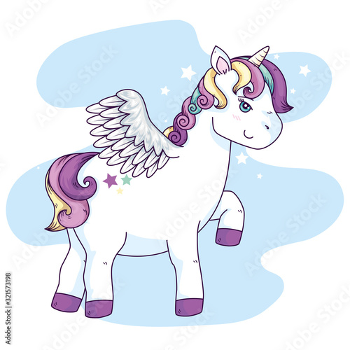 cute unicorn fantasy with wings vector illustration design