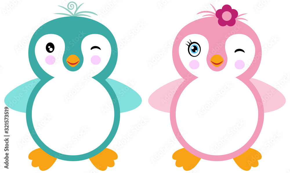 Blank round label blue and pink penguin Blank round label blue and pink penguin