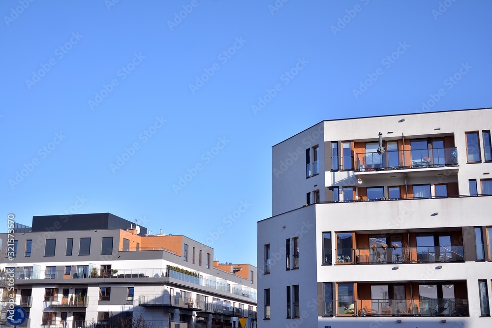 Multistory new modern apartment building with architectural details of modern architecture. 