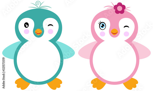 Blank round label blue and pink penguin