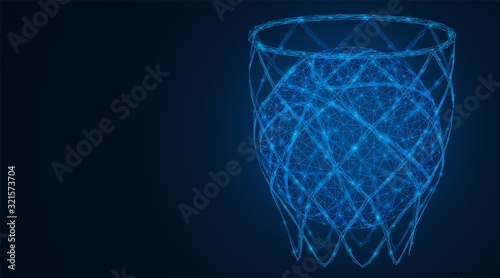 A basketball in the basket net. Low-poly vector illustration consisting of lines and points.