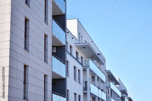 Multistory new modern apartment building with architectural details of modern architecture. 