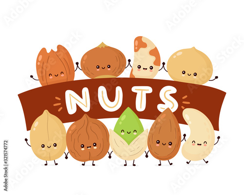 Cute happy nuts banner. Vector flat cartoon 