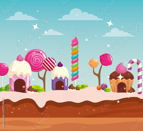 candy land with houses cupcake and caramels
