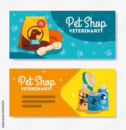 set poster of pet shop veterinary with icons vector illustration design