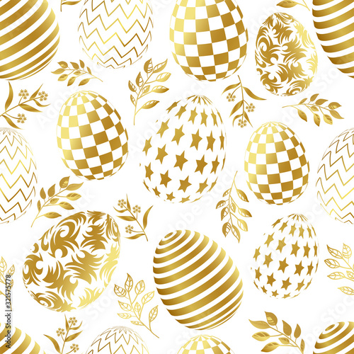 Seamless pattern. Golden eggs with geometric patterns, abstract ornament. Vector illustration of happy easter symbols. Vector stock isolated illustration.