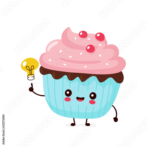 Cute happy smiling cupcake with light bulb