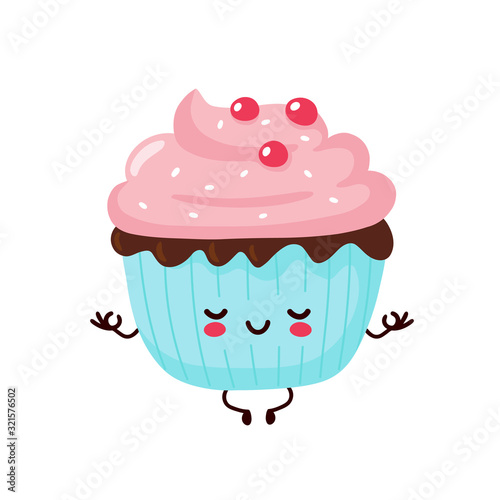 Cute happy smiling cupcake meditate in yoga pose