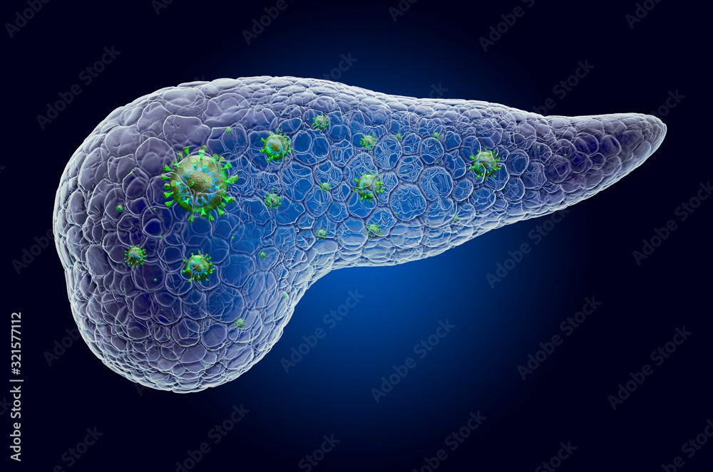 Pancreas with virus, ghost light effect, x-ray hologram. 3D rendering Pancreas with virus, ghost light effect, x-ray hologram. 3D rendering