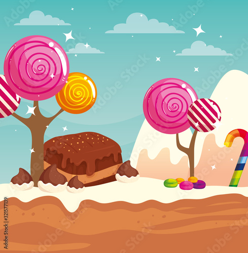 candy land with brownie and caramels vector illustration design