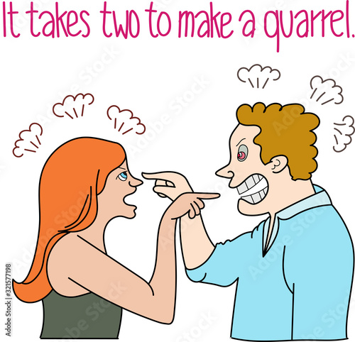 Women and men quarrel and point fingers at each other.