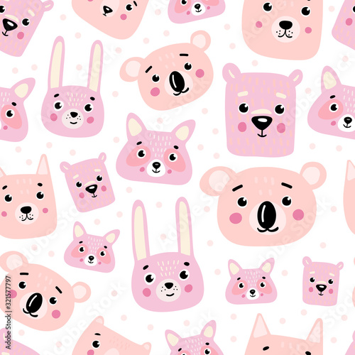 Pink children's seamless print for girls with cute animal heads: koala, bear, rabbit, wolf, raccoon